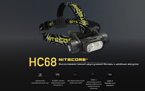 Фонарь налобный NITECORE HC68 2*Luminus SST-40-W (2000 Люмен / 200м, 3500мАч)